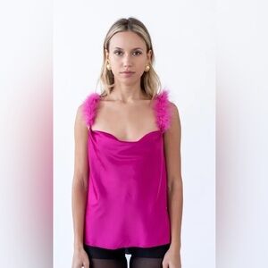 LELIS Fur Strap Cami Top in Fushia Size Small
